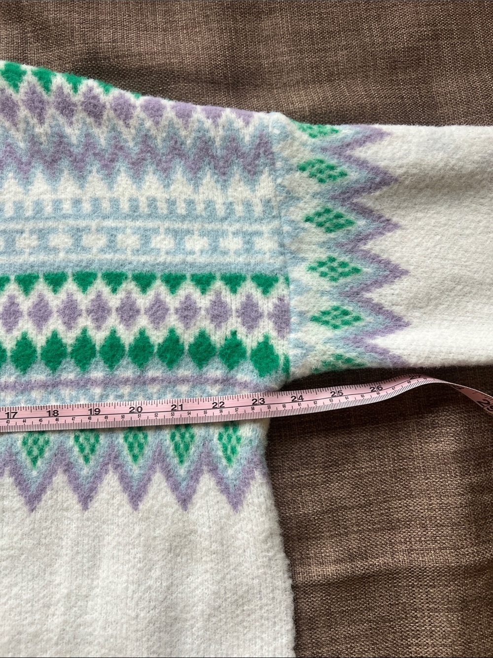 Pink Lily White Crewneck Sweater with Green & Lavender Fair Isle - Picture 5 of 7
